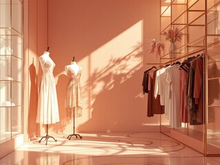 Elegant Fashion Boutique Displaying Stylish Dresses in Soft Lighting