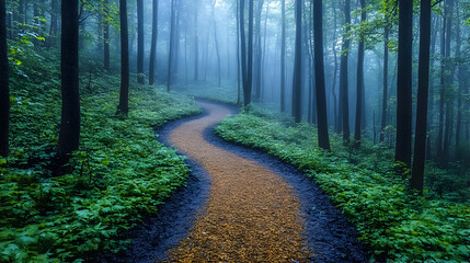 Obraz premium Misty Forest Path Winding Through Lush Green Woods, Hiking Trail, Nature Scene, Calm Background, Travel Brochure.