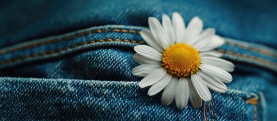 Chamomile flower nestled in a denim pocket capturing the essence of nature and fashion in a macro photography style