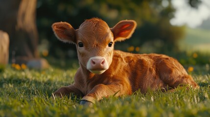 Fototapeta premium Calf resting peacefully on green grass in a serene rural setting with vibrant flowers and soft sunlight illuminating the scene.
