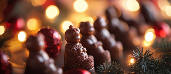 Obraz premium Chocolates shaped like festive figures with glowing garland lights in a warm holiday atmosphere