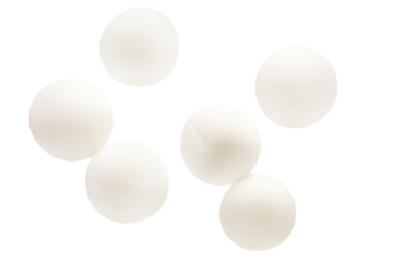 Levitation of mozzarella cheese balls isolated on transparent background.