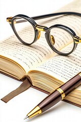 Classic Pen, Glasses, and Open Book.