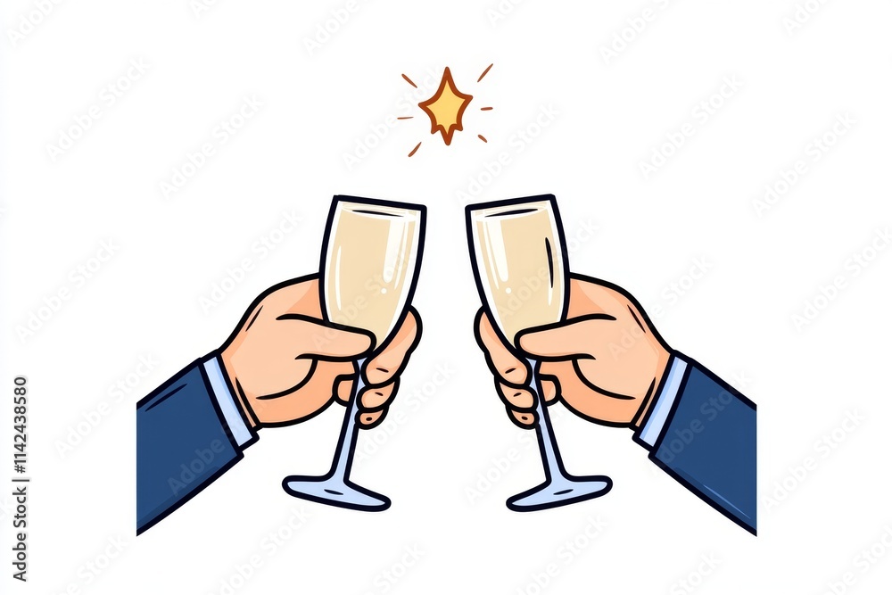 Poster A simple line art drawing of two hands clinking glasses in a toast, with a small spark above to symbolize celebration