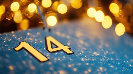 Calendar page highlighting number 14 with a backdrop of glowing bokeh lights creating a festive and warm atmosphere