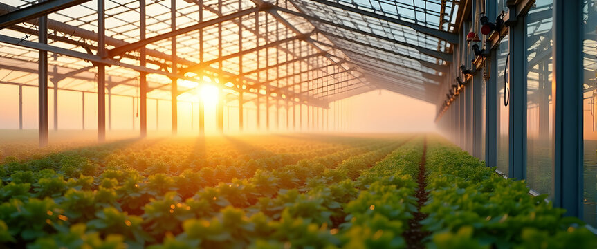Golden sunrise bathes a greenhouse brimming with lush, vibrant greens, creating a tranquil, serene atmosphere of agricultural abundance.