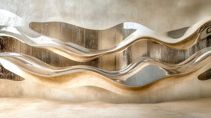 Abstract chrome metal in waves over wooden wall panels and beige floor