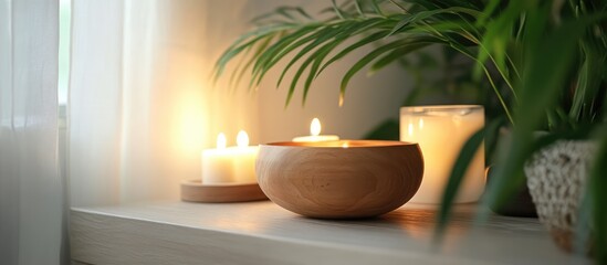 Ceramic bowl with glowing candles and green plant creating a serene and calming atmosphere for relaxation and mindfulness practices
