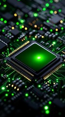 Fototapeta premium Close-up view of a microchip's intricate circuitry. Glowing green lights illuminate the complex network of pathways, highlighting the technological marvel.