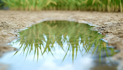 Paddy field puddle reflection; rice plants, sky, agriculture, irrigation, farming, nature, water.