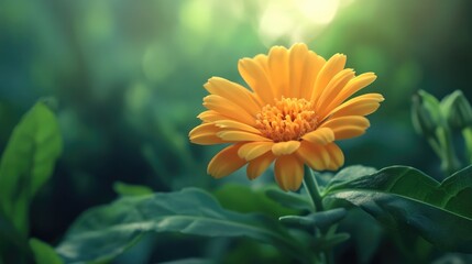 Calendula flower close-up on green blurred background highlighting its medicinal properties and vibrant yellow petals during summer bloom