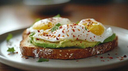 Delicious Avocado Toast with Poached Eggs and Chili Flakes