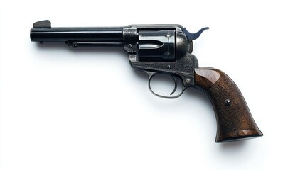 Historic Revolver Classic Western Style Firearm with Wooden Grip on White Background