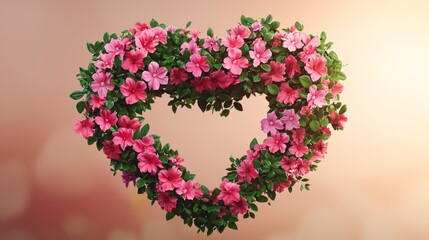 A heart shaped floral arrangement, pink blossoms and green leaves, in soft light, a symbol of love
