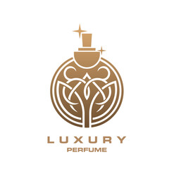 Luxury perfume icon of golden bottle for premium fragrance brand, vector emblem. Perfume bottle of golden line ornament with gold stars for luxury perfume brand sign or perfumery boutique store symbol