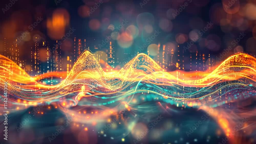 Poster dynamic waves of light create an abstract visual experience with vibrant colors and glowing particle