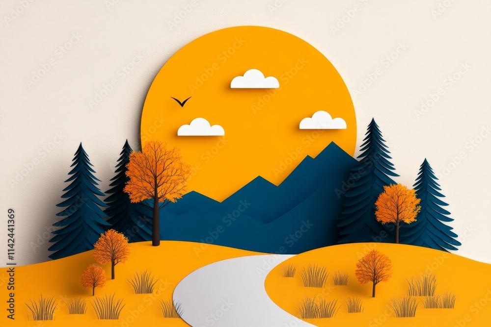 Poster a stylized graphic of a winding forest trail, using simple shapes and muted earth tones to create a 