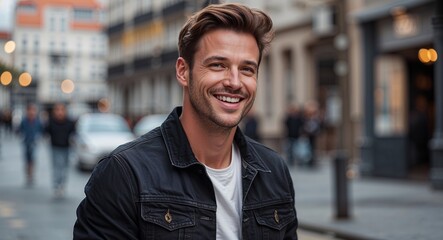Obraz premium Caucasian man happy wearing black denim jacket looking on camera