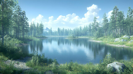 Fototapeta premium Serene mountain lake reflecting tranquil forest, idyllic summer landscape, nature background, ideal for travel brochures.