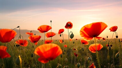 Fototapeta premium Poppies In Field At Sunset 