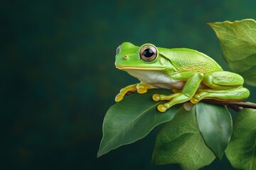 Fototapeta premium A vibrant green tree frog perched on a leaf, its large eyes reflecting the soft glow of a jungle sunrise