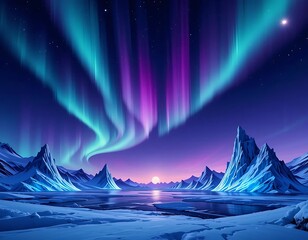 Vector line Aurora borealis over a frozen landscape with glowing icebergs