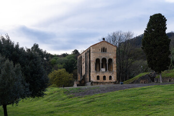 Church of Sta María del Naranco in Oviedo, Spain. View from low angle