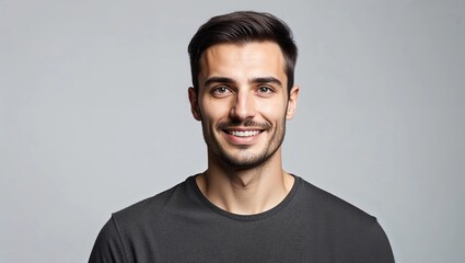 Obraz premium Portrait of positive Europen man pictured isolated on gray background