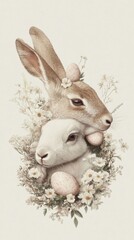 Obraz premium Adorable rabbit and lamb surrounded by flowers and Easter eggs