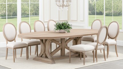 Elegant Dining Room with Rustic Wooden Table and Plush Upholstered Chairs in a Bright and Airy Interior