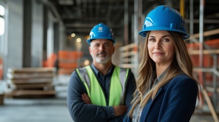 Construction workers in blue hardhats on site, showcasing teamwork and leadership in a developing project.