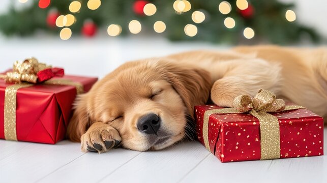 Golden Retriever dog sleeping on the floor with Christmas gifts, Christmas tree in the background, festive atmosphere.