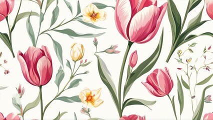 Beautiful Spring Background with Delicate Tulips on a White Background: Elegant Floral Scene in Soft Pastel Colors