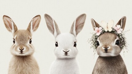 Fototapeta premium Three adorable rabbits with unique expressions and floral accessories