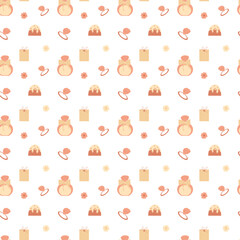 Cute pastel colored seamless pattern, romantic pattern with perfume, cake, diamond