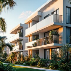 This image showcases a side view of a modern apartment building with balconies featuring glass railings