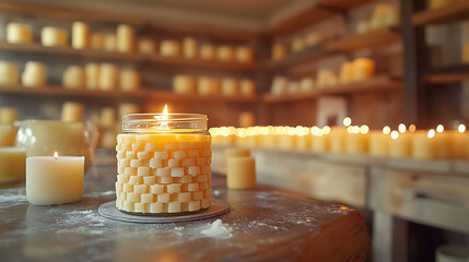 Closeup of cooling candle in a glass jar with the wick centered Molds and wax pitchers scattered nearby Shelves in the background filled with finished candles