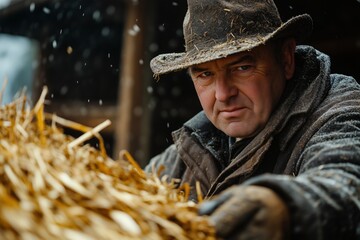 Obraz premium A farmer in a hat and coat focuses intently as he works with straw, embodying dedication in a rural setting.