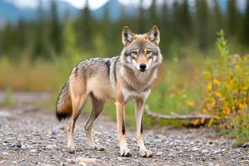Fototapeta premium A wolf standing in a forest clearing, with its piercing eyes and majestic stance creating a sense of wilderness
