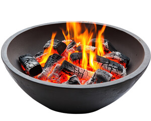 Flames and embers in a bowl, perfect for grilling or outdoor cooking.