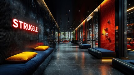 Dark gym hallway with "STRUGGLE" sign, red brick wall, and blue seating.