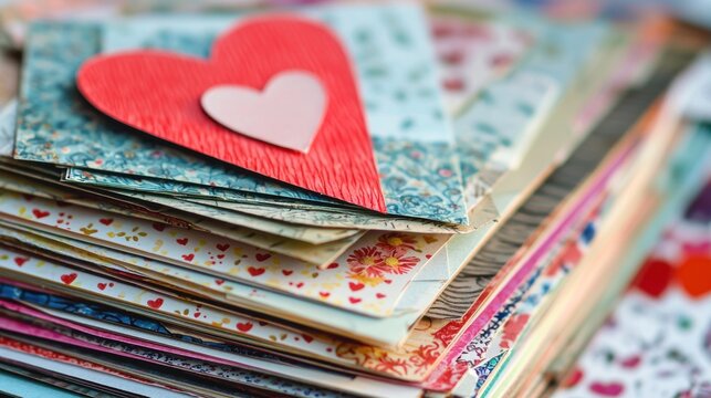 A close-up of a stack of Valentine's Day cards with varying designs, showcasing creativity and thoughtfulness