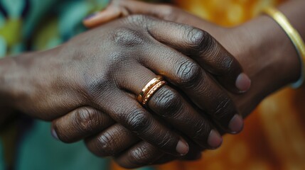 A close-up of two hands intertwined, adorned with rings, symbolizing love and commitment