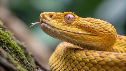 Obraz premium Close-up of a vibrant yellow Eyelash Viper with its tongue extended, perched on a mossy branch