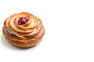 Fototapeta premium Spiral Pastry with Red Cherries on Top Placed Left Side Isolated on White Background with Copy Space