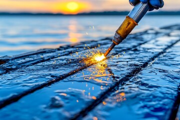 Flames from a blowtorch cutting through metal, with sparks flying in all directions