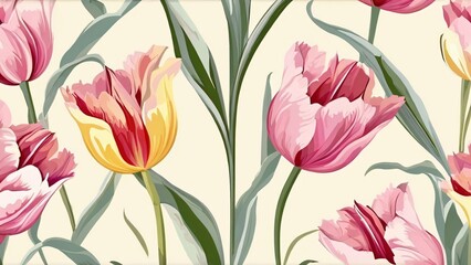 Beautiful Spring Background with Delicate Tulips on a White Background: Elegant Floral Scene in Soft Pastel Colors