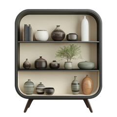 Contemporary display shelf showcasing various ceramic pots and decorative items in a modern setting