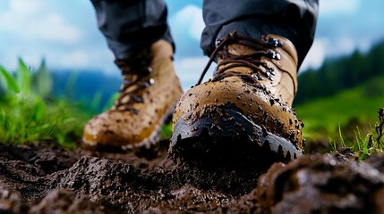 Muddy hiking boots closeup. A person's feet are covered in mud after a hike.  The boots are tan and covered in dark brown mud.