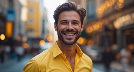 Fototapeta premium Caucasian man happy wearing yellow blouse looking on camera